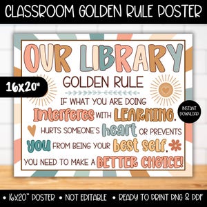 May include: A 16x20 inch classroom poster with the text "OUR LIBRARY GOLDEN RULE". The poster has a retro design with a beige, peach, and teal color scheme. The text includes the phrase "Interferes with Learning".