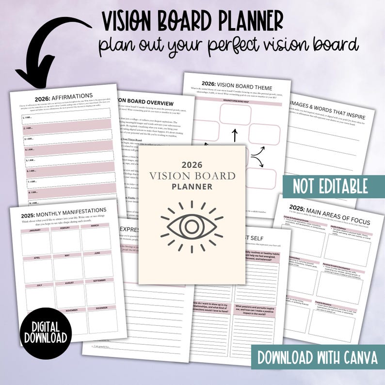 Kit per feste con bacheca visionaria 2026, stampabile per donne, modello per pianificatore di bacheca degli obiettivi di Capodanno, immagini clipart per bacheca delle affermazioni dell'umore immagine 17
