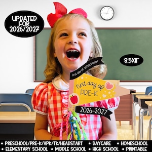 Bandera de lápiz imprimible para el primer día de clases, banderines de regreso a clases para descargar (26-27), letrero para el primer día de clases, letrero para preescolar, preescolar, preescolar, TK