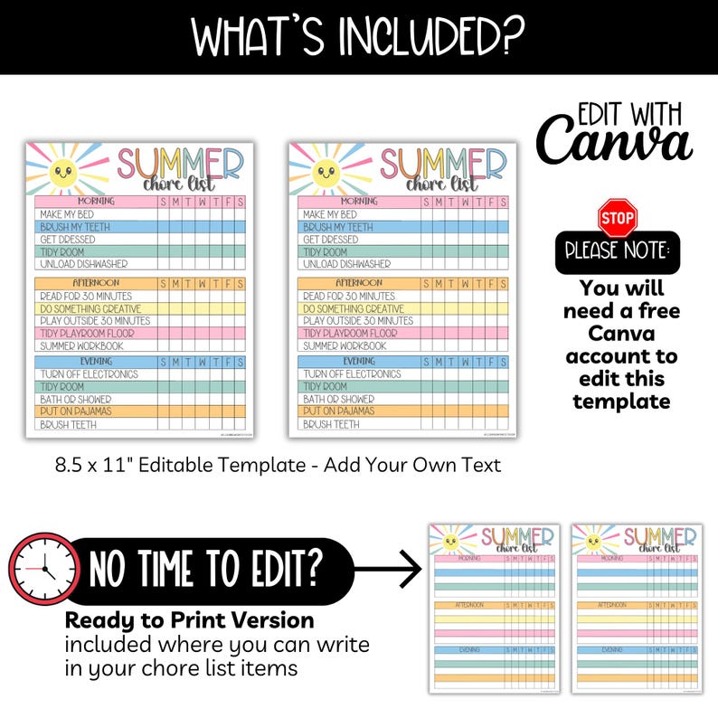 Editable Summer Chore Chart List for Kids, Teen Chores Reward System Tracker Charts, Summer Routine Responsibility Checklist, Chore Calendar image 2