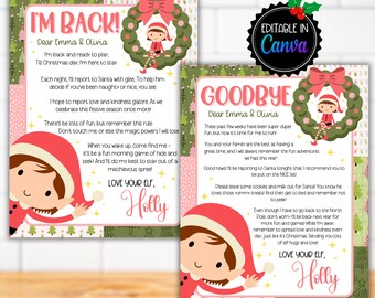 Christmas Elf Welcome Arrival Goodbye Pink Girls letter, Elf I'm Back letter, Elf Note To kids, Elf Editable Canva Printable