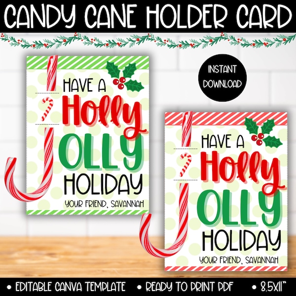 Holly Jolly Christmas Candy Cane Holder Tag Cards Bulk, Jingle Basket Kids, PTA PTO Holiday Gram Fundraiser, Holiday Candy Cane Treat Bag