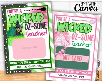 Wicked Teacher Appreciation Week Theme Gift Card Holder Template Bundle, Thank you Staff Gift Tag, Editable Elphaba Glinda Teacher Gift Tag