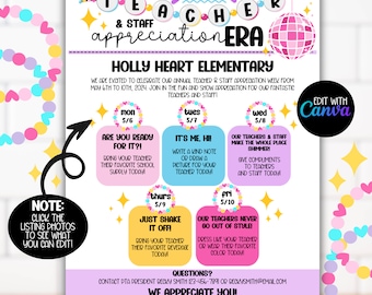 Teacher Staff Appreciation Week Editable Flyer, Pop Star Bead Theme Teacher Week Itinerary Schedule Flyer Template, In my Teacher Era Ideas