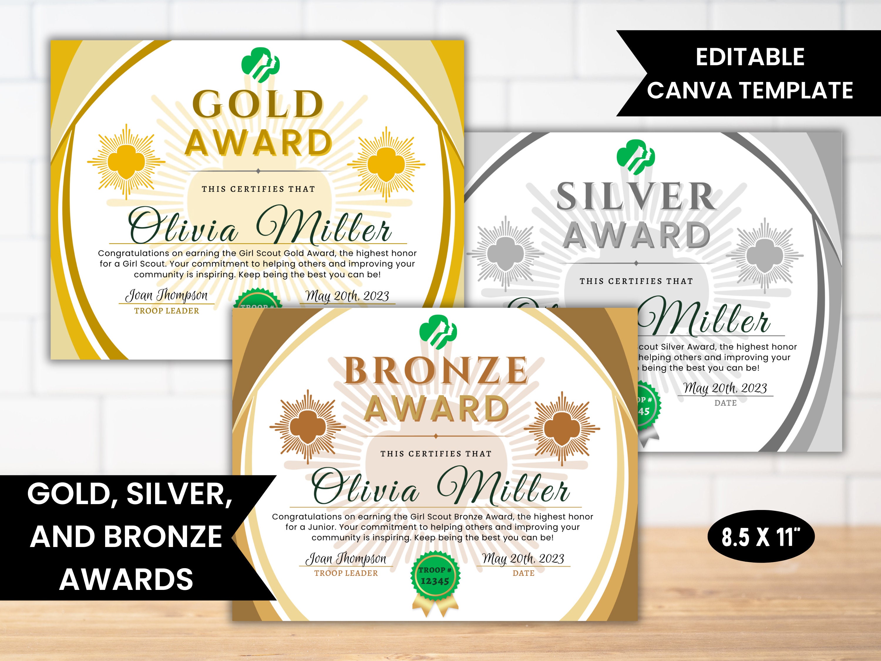 Girl Scout Editable Certificates Girl Scout Gold Award Etsy