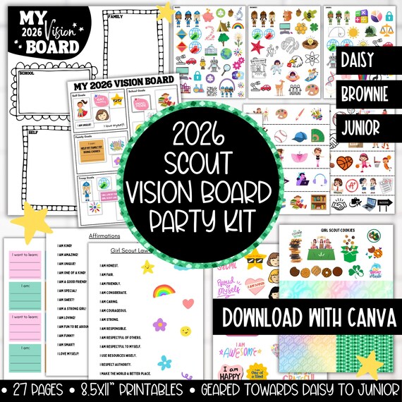 2026 Scout Vision Board Printable Party Kit, Kids Positive Growth Mindset New Year Goal Mood Board Activity, Scouts Cookie Goal Planner
