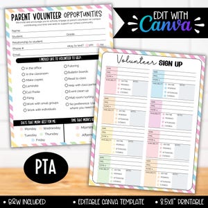 May include: Printable volunteer sign-up sheet with a colourful striped background. The sheet includes sections for name, email, phone number, availability, and notes. The text "Volunteer Sign Up" is at the top of the sheet.