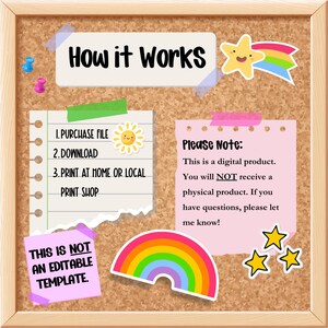 Puede incluir: Un corcho con el texto "How it Works" e instrucciones para un producto digital: comprar, descargar e imprimir. Incluye un arco&iacute;ris, estrellas y una nota que indica que no es una plantilla editable.