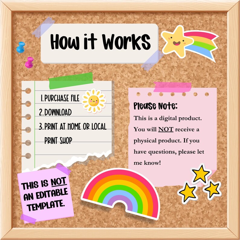 Puede incluir: Un corcho con el texto "How it Works" e instrucciones para un producto digital: comprar, descargar e imprimir. Incluye un arco&iacute;ris, estrellas y una nota que indica que no es una plantilla editable.