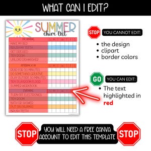 Editable Summer Chore Chart List for Kids, Teen Chores Reward System Tracker Charts, Summer Routine Responsibility Checklist, Chore Calendar image 3