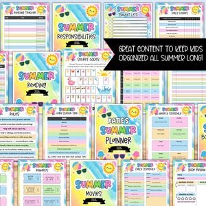 May include: A collection of colorful summer-themed printable pages, including a reading tracker, responsibilities list, secret codes, and a planner. The pages feature illustrations of sunglasses, ice cream cones, and a smiling sun. Text includes "Summer Reading 2026" and "Great content to keep kids organized all summer long!"