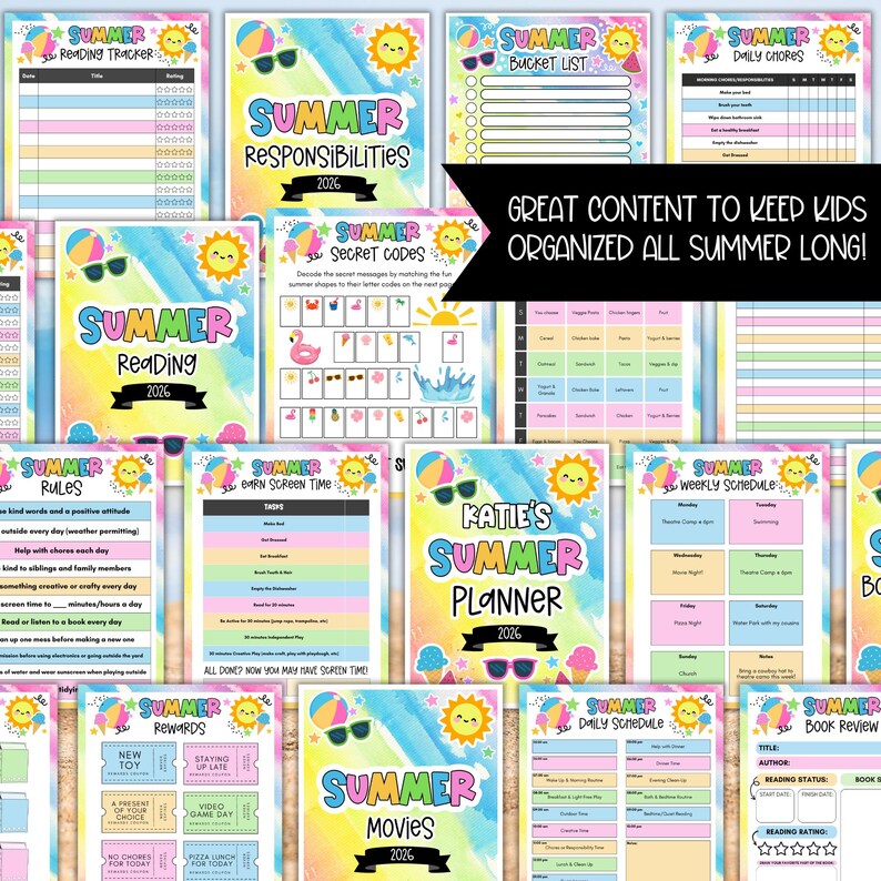 May include: A collection of colorful summer-themed printable pages, including a reading tracker, responsibilities list, secret codes, and a planner. The pages feature illustrations of sunglasses, ice cream cones, and a smiling sun. Text includes "Summer Reading 2026" and "Great content to keep kids organized all summer long!"