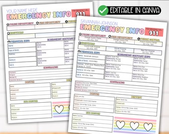Emergency Information Sheet Form Template, Emergency Info Contact List, Important Documents Just In Case Binder, Babysitter Caregiver Notes