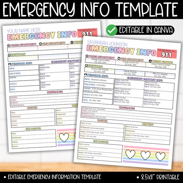 Emergency Information Sheet Form Template, Emergency Info Contact List, Important Documents Just In Case Binder, Babysitter Caregiver Notes