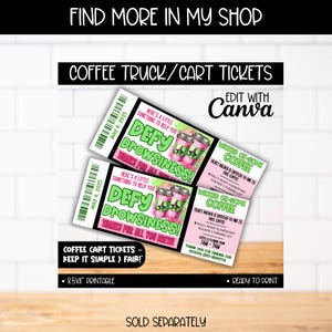May include: Coffee truck/cart tickets with the text "Defy Drowsiness!" and "Thanks for all you brew!" in pink and green. The tickets are labeled "May 6, 2025" and include a barcode. Additional tickets read "Wicked Oz-Some Coffee".
