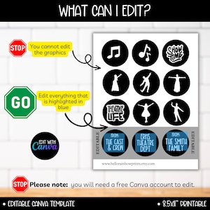 May include: Editable Canva template for a printable 8.5x11 inch theatre program. The template features a black and white design with a variety of editable elements, including text boxes, images, and graphics. The template is perfect for creating a professional-looking program for your next theatre production.