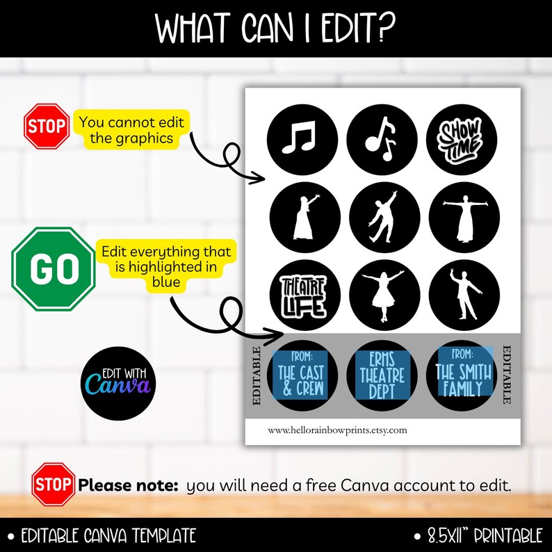 May include: Editable Canva template for a printable 8.5x11 inch theatre program. The template features a black and white design with a variety of editable elements, including text boxes, images, and graphics. The template is perfect for creating a professional-looking program for your next theatre production.