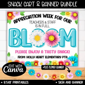 Bloem bloemen leraar waardering week snackwagen bord, lente thema zonneschijn winkelwagen poster, bloei personeel waardering drankje snackbar borden