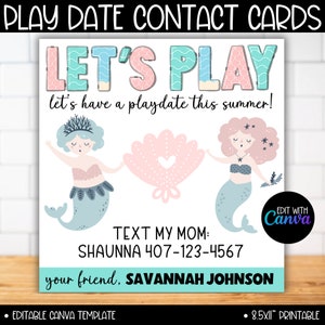 Let's Play Mermaid Playdate Karten Mädchen Vorlage, Keep In Touch Karten, Ende des Schuljahres, Einladung zum Spieldatum, Sommer-Kontaktkarte