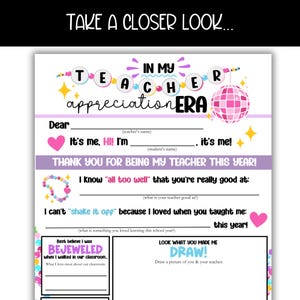 May include: A printable teacher appreciation card with a pink disco ball and colorful beads. The card has fill-in-the-blank sections for students to write about their teacher and draw a picture.