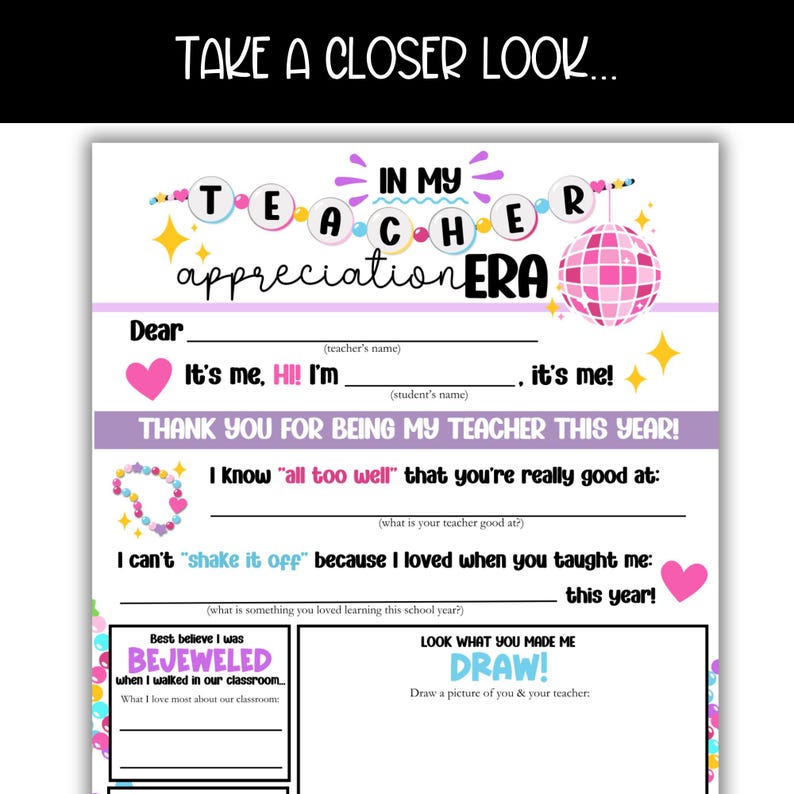 May include: A printable teacher appreciation card with a pink disco ball and colorful beads. The card has fill-in-the-blank sections for students to write about their teacher and draw a picture.