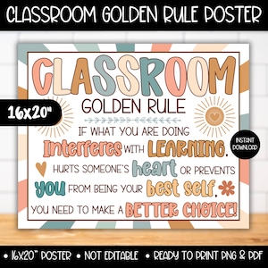 Op de afbeelding: Een 40,6 x 50,8 cm klaslokaal poster met de tekst "CLASSROOM GOLDEN RULE". De poster heeft een retro design met een beige, perzik en blauwgroen kleurenschema. De tekst bevat de zin "If what you are doing interferes with learning."