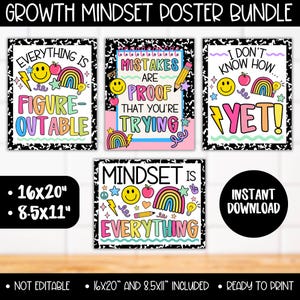 Könnte beinhalten: Ein Set farbenfroher Poster zum Thema Growth Mindset mit motivierenden Sätzen wie „Everything is Figure-Outable“ und „Mistakes are Proof That You're Trying“. Jedes Poster zeigt fröhliche Illustrationen und ist in den Größen 40,6x50,8 cm und 21,6x27,9 cm erhältlich.