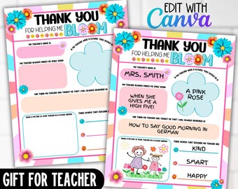 Bloom All About My Teacher Appreciation Week Coloring Gift from Students, Flower Garden Thank You Page, Floral Sheet Student Questionnaire