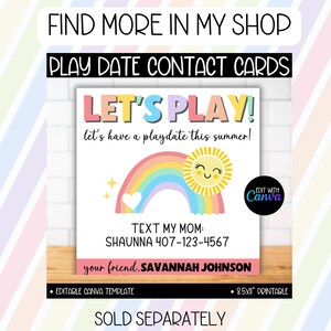 Puede incluir: Tarjeta de contacto para una cita de juego con el texto "LET'S PLAY!" sobre un arco&iacute;ris y un sol sonriente. La tarjeta incluye informaci&oacute;n de contacto y es una plantilla de Canva editable, 21,59 x 27,94 cm.