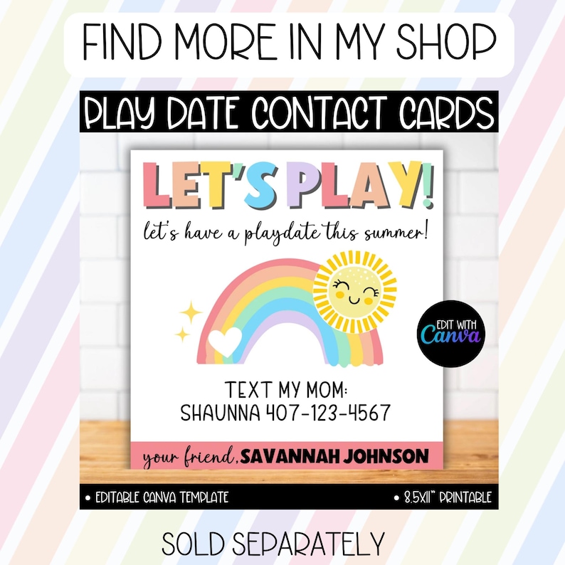 Puede incluir: Tarjeta de contacto para una cita de juego con el texto "LET'S PLAY!" sobre un arco&iacute;ris y un sol sonriente. La tarjeta incluye informaci&oacute;n de contacto y es una plantilla de Canva editable, 21,59 x 27,94 cm.