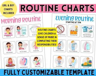 Morgen Tabelle für Kinder | Nacht Routine Diagramm | Strickbuch für Kleinkinder | Schlafenszeit-Routine-Diagramm | Bearbeitbares Routine-Diagramm für Kinder