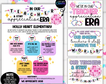 Teacher Appreciation Week Pop Star Theme Flyer Poster Bundle, Staff Itinerary Schedule Sign, Friendship Bracelet Disco Ball Theme Flyers