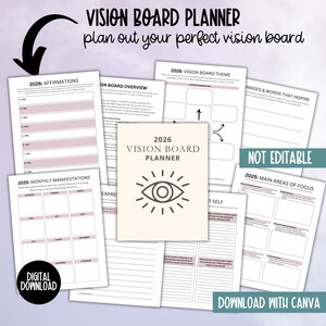 Kit per feste con bacheca visionaria 2026, stampabile per donne, modello per pianificatore di bacheca degli obiettivi di Capodanno, immagini clipart per bacheca delle affermazioni dell'umore immagine 6