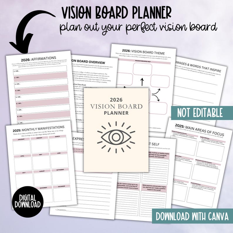 Kit per feste con bacheca visionaria 2026, stampabile per donne, modello per pianificatore di bacheca degli obiettivi di Capodanno, immagini clipart per bacheca delle affermazioni dell'umore immagine 6