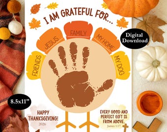 2026 Thanksgiving Turkey Christian Handprint Craft, Grateful Bible Verse Kids Church Printable, Preschool Thankful Activity Keepsake
