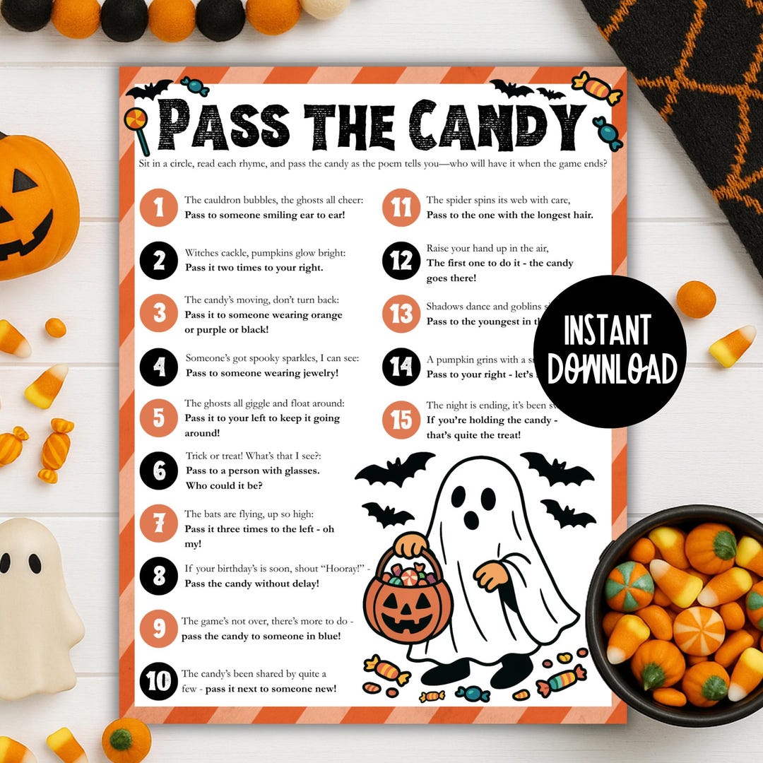 Halloween Pass the Candy Game, Printable Halloween Activity, Pass the ...