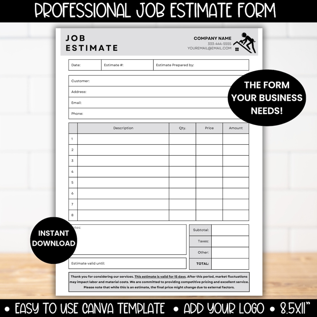 Job Proposal Template, Job Estimate Editable Canva Template, Job Quote