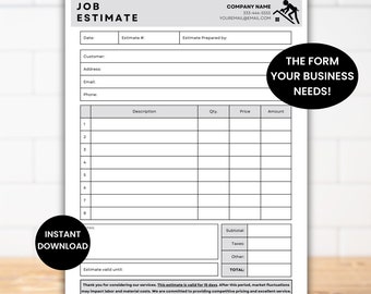 Könnte beinhalten: Ein schwarz-weißes druckbares Job-Schätzungsformular mit einer Grafik einer Person, die eine Leiter hinaufklettert. Das Formular enthält Felder für Datum, Kunde, Adresse, E-Mail, Telefon, Beschreibung, Menge, Preis, Betrag, Zwischensumme, Steuern, Sonstiges und Gesamt. Das Formular enthält auch den Text "Das Formular, das Ihr Unternehmen braucht!" und "Sofort-Download".