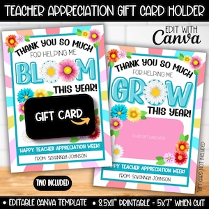 Porte-cartes modifiable pour la semaine des enseignants, carte-cadeau fleurs de remerciement, cadeaux fleurs pour enseignants de maternelle préscolaire à la garderie Bloom Grow