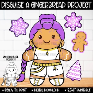 Può includere: Un download digitale con un design di omino di pan di zenzero, con capelli e accessori viola, circondato da fiocchi di neve e forme di albero di Natale. Il testo recita "DISGUISE A GINGERBREAD PROJECT" e "COLORING PAGE INCLUDED!"