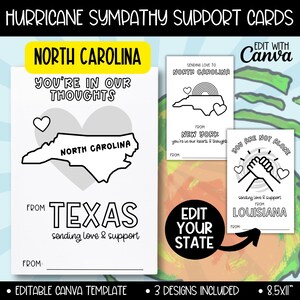Tarjeta para colorear editable de apoyo solidario para niños por el huracán Helene en Carolina del Norte, manualidad imprimible con actividades relacionadas con el huracán, tarjeta de apoyo solidario de Carolina del Norte