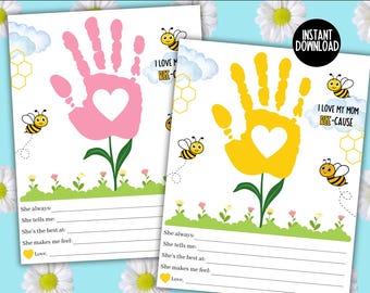 Manualidad con huella de abeja y flor para el Día de la Madre, regalo para mamá imprimible, actividades para el Día de la Madre en primavera, arte preescolar con huellas de abeja
