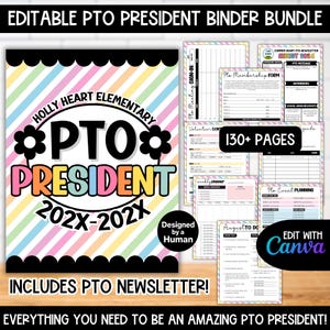 Bewerkbare planner voor de PTO-voorzitter (Canva-bundel), ledenformulieren, nieuwsbriefflyer, week- en jaarkalender, PTO-agenda-tracker en evenementensjabloon