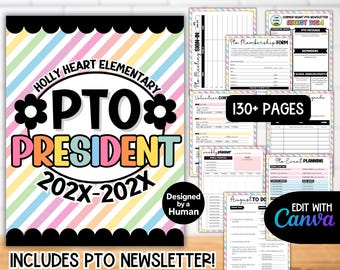 Editable PTO President Planner Canva BUNDLE, Membership Forms Newsletter Flyer, Weekly Yearly Calendar, PTO Agenda Tracker Events Template