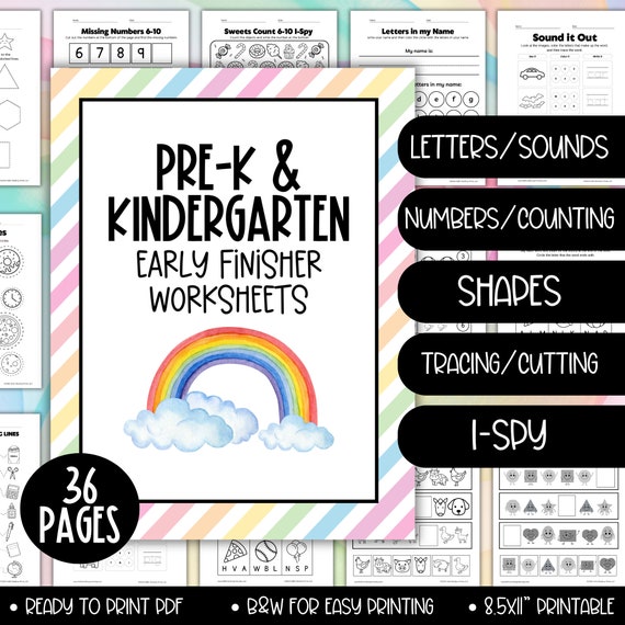 Pre-k Kindergarten Early Finisher Educational Worksheets Workbook, ABC Phonics Numbers Shapes I-Spy, Preschool Summer Homeschool Printables