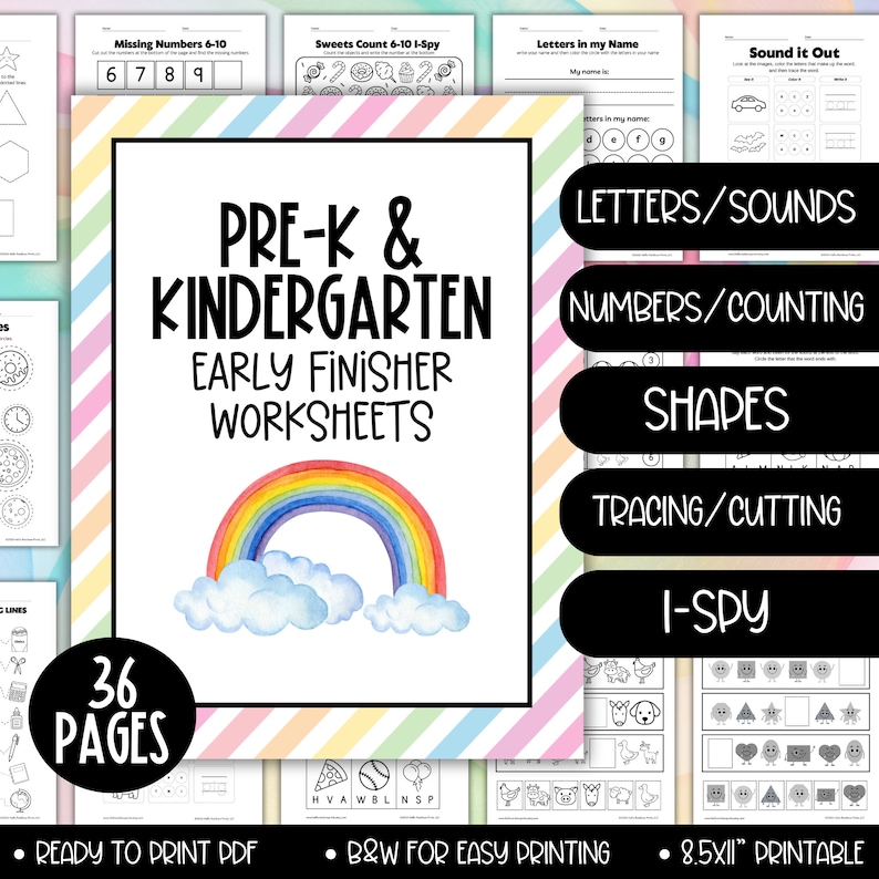 K&ouml;nnte beinhalten: Ein buntes, druckbares Arbeitsblattpaket f&uuml;r Vorschulkinder und Kinder im Kindergarten. Das Cover zeigt einen Regenbogen und Wolken vor einem rosa-blau gestreiften Hintergrund. Der Titel "Pre-K & Kindergarten Early Finisher Worksheets" ist in schwarzer Schrift dargestellt. Das Paket enth&auml;lt 36 Seiten mit Aktivit&auml;ten, darunter Buchstaben, Laute, Zahlen, Z&auml;hlen, Formen, Nachzeichnen, Ausschneiden und Ich sehe, ich sehe.