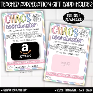 Teacher Appreciation Week Gift Card Holder, Chaos Coordinator Teacher Printable Gifts, Funny Teacher Giftcard, Teacher Gifts From Student