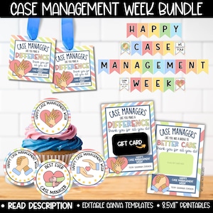 Pacote de banner para etiqueta de presente de agradecimento da semana do gerente de caso, toppers de cupcake de agradecimento ao gerenciamento de caso, porta-cartão-presente para assistente social de recursos