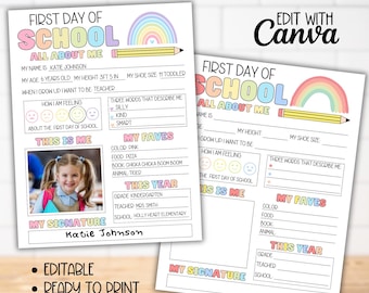First Day of School Interview Template, Editable Back to School Interview Questionnaire Printable, All About Me Memories Keepsake Photo Sign