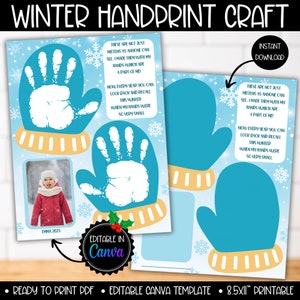 Feriado de natal inverno luva handprint poema criança bebê impressão foto artesanato, natal homeschool creche pré-escolar atividade do jardim de infância